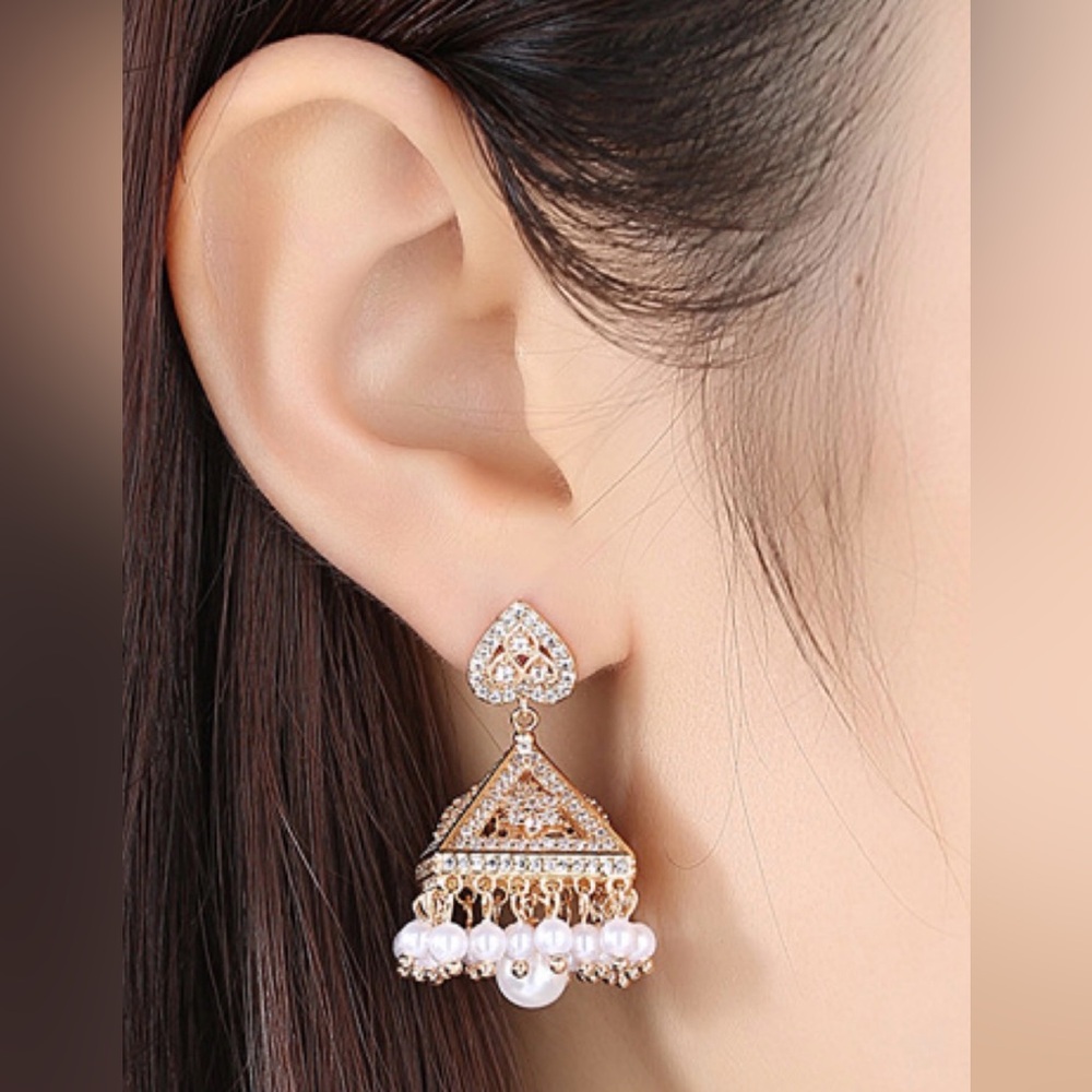 Square Earrings Gold Tone Inlaid With Zircon Court Style Faux Pearl Jewelry